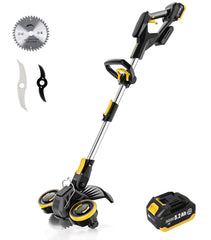 YardEz front view showing whole cordless trimmer and benefits of compact storage