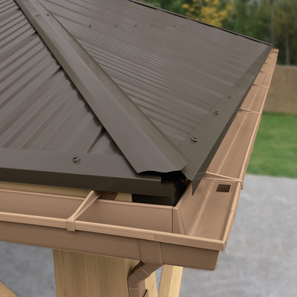Yardistry downspout detail with bracket showing efficient water direction away from gazebo
