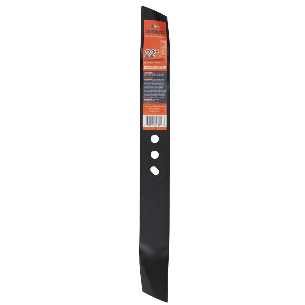 YARDMAX 22 in. blade front view showing mounting holes and fit benefit