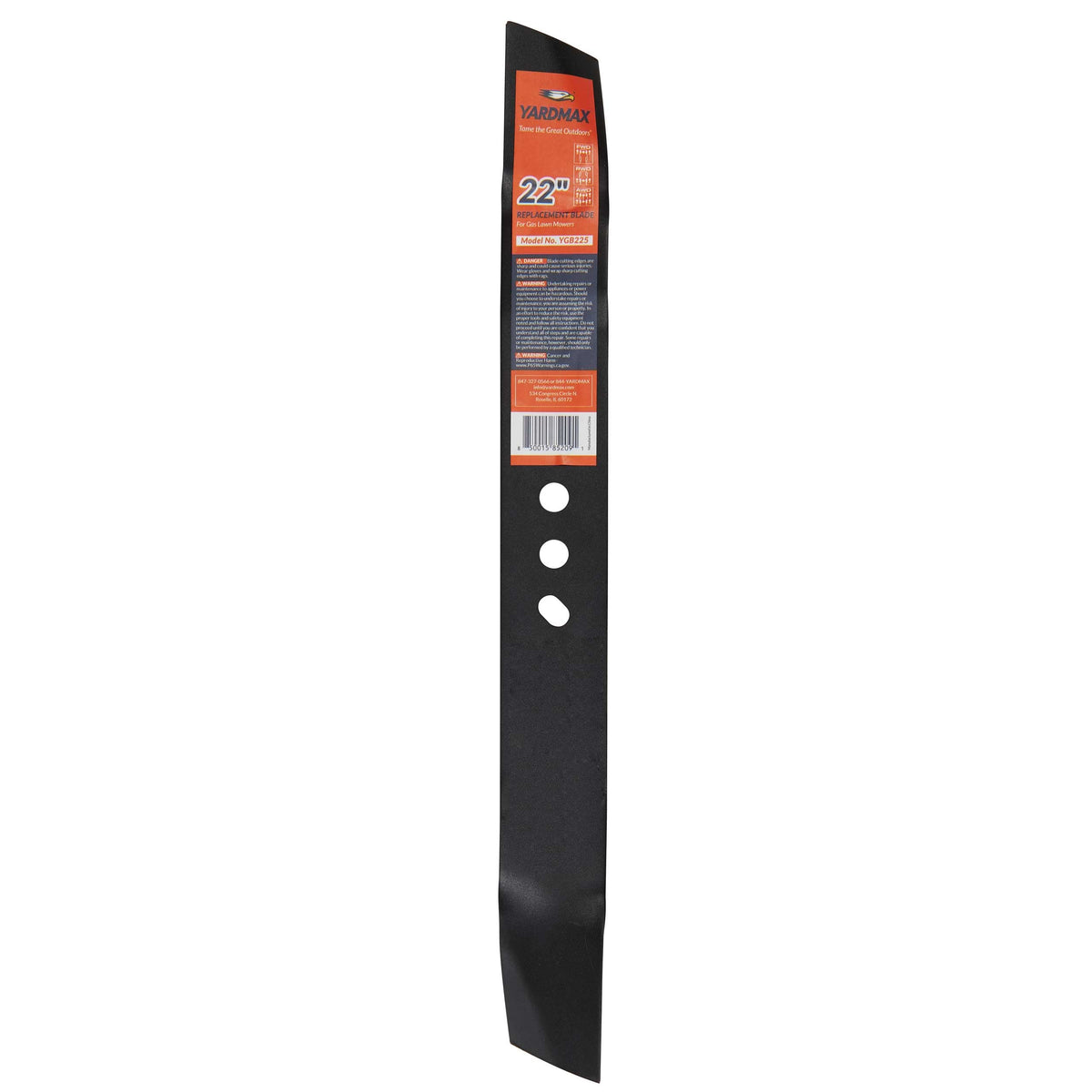YARDMAX 22 in. blade front view showing mounting holes and fit benefit