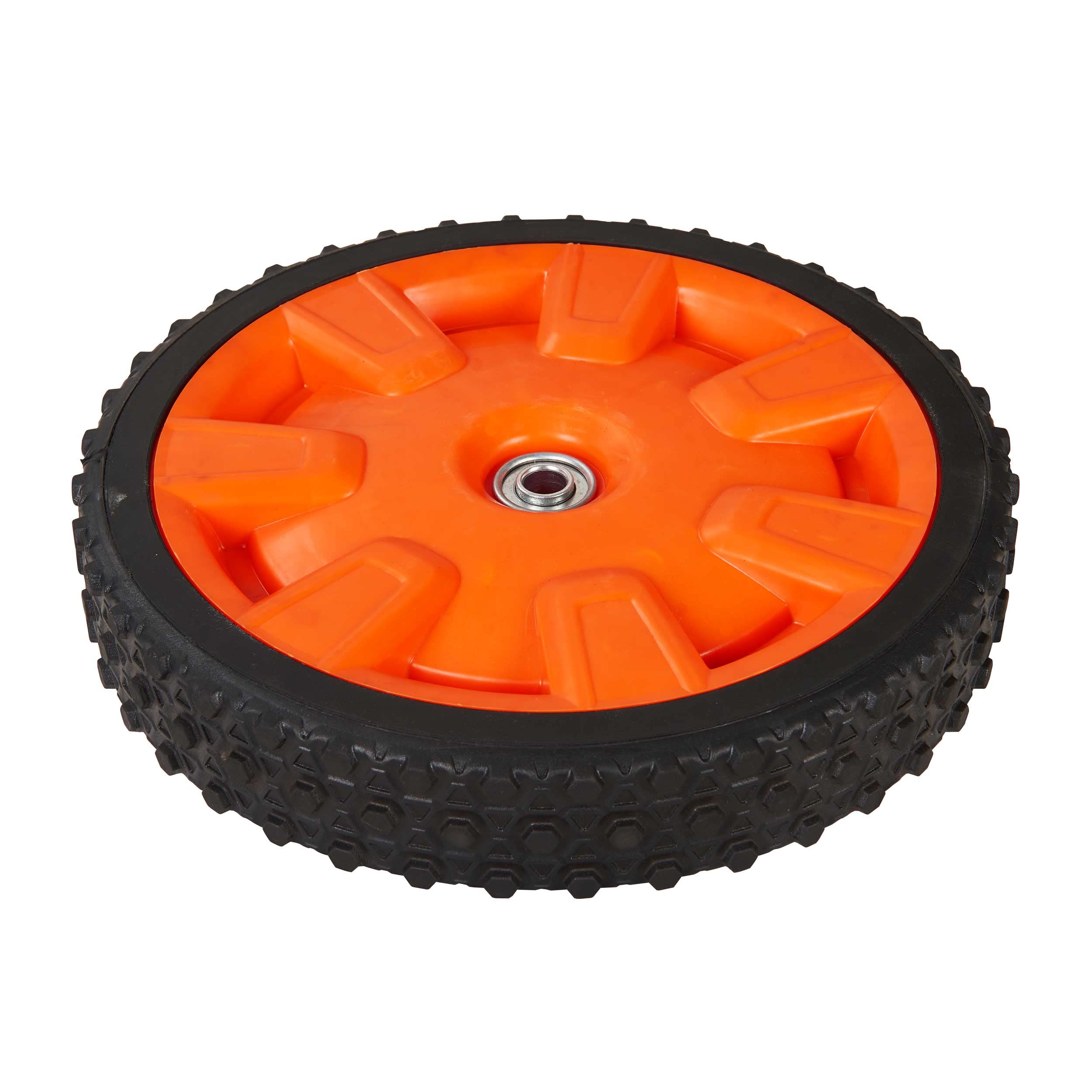 YARDMAX rear wheel front view showing secure fit and improved traction