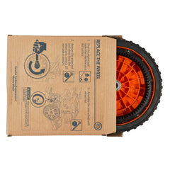 YARDMAX wheel mounted on mower axle demonstrating restored performance