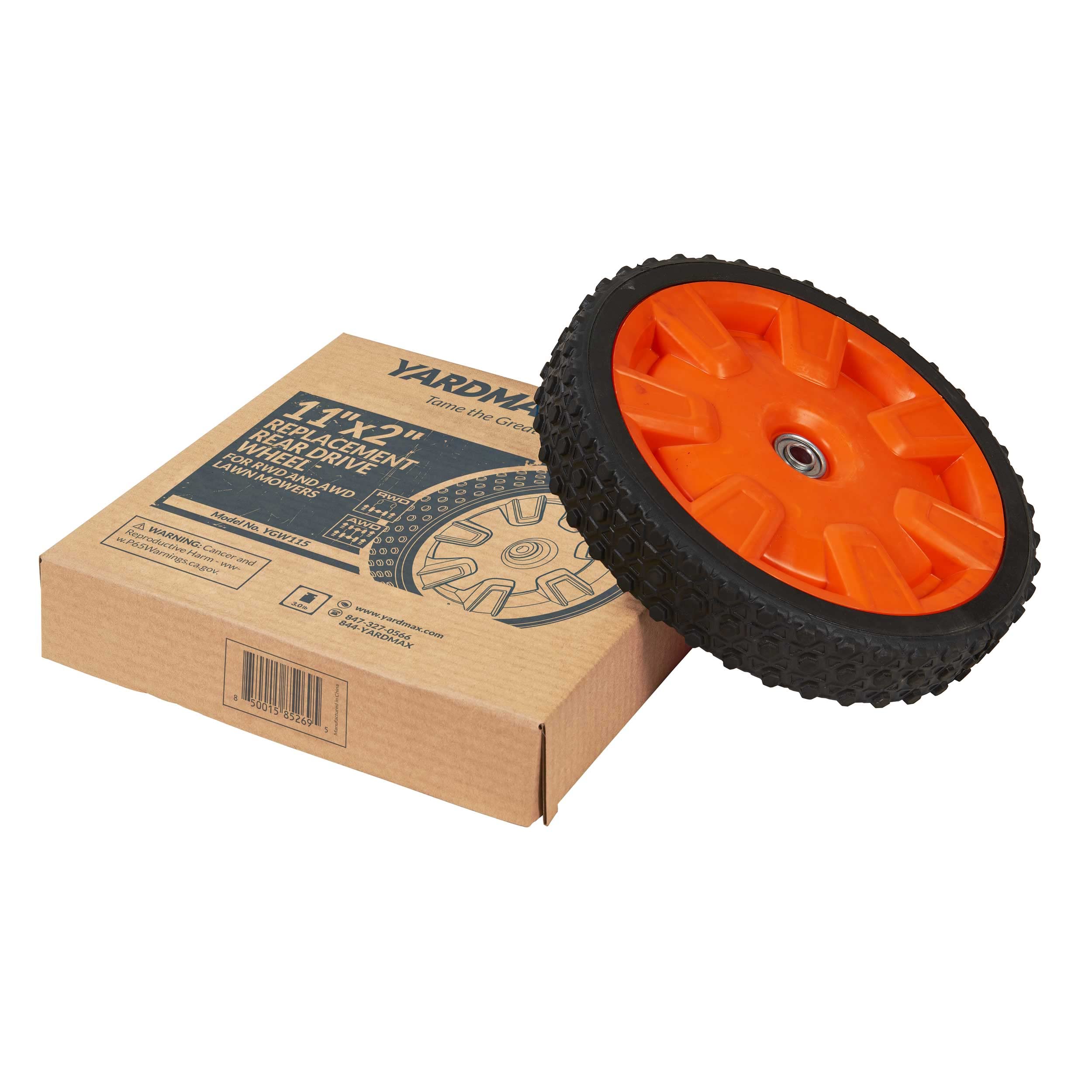 YARDMAX wheel next to ruler showing exact 11 by 2 inch dimensions