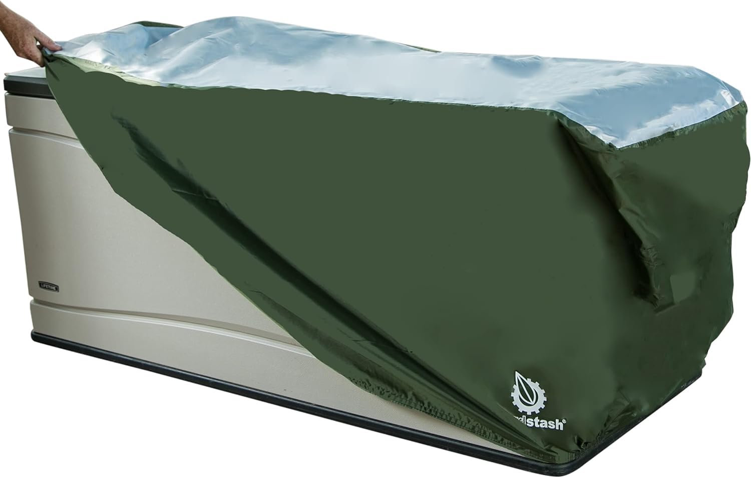 YardStash front view of XL green cover protecting a deck box, showing full fit