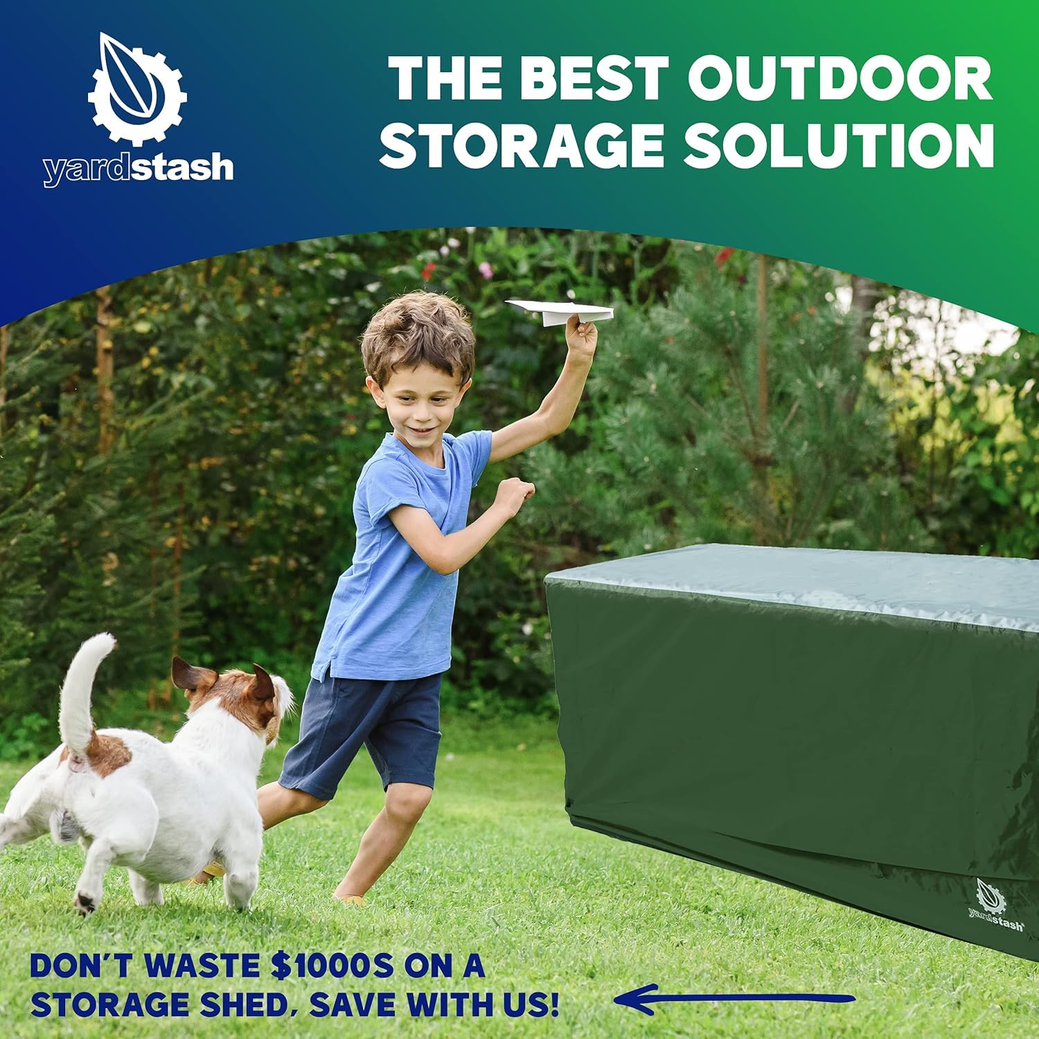 YardStash green cover on patio with furniture, showing attractive outdoor protection