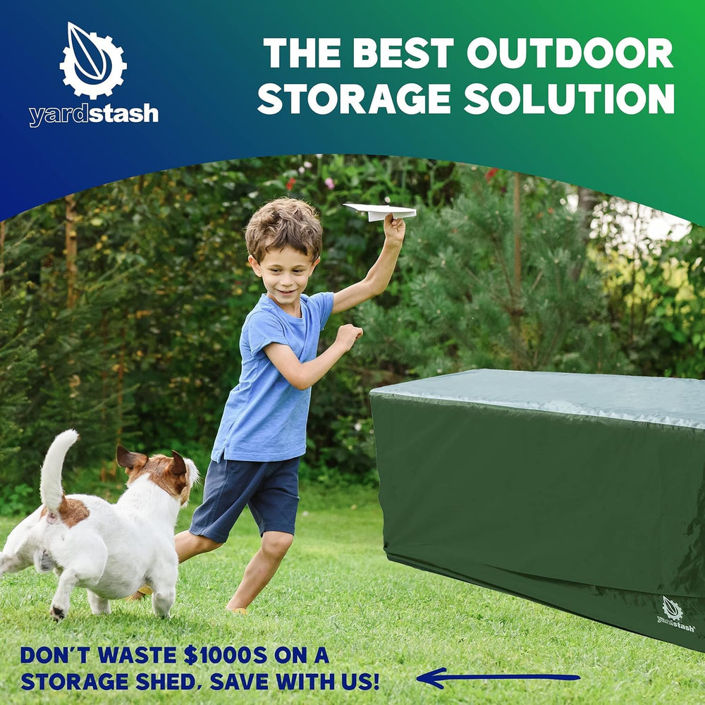 YardStash green cover on patio with furniture, showing attractive outdoor protection