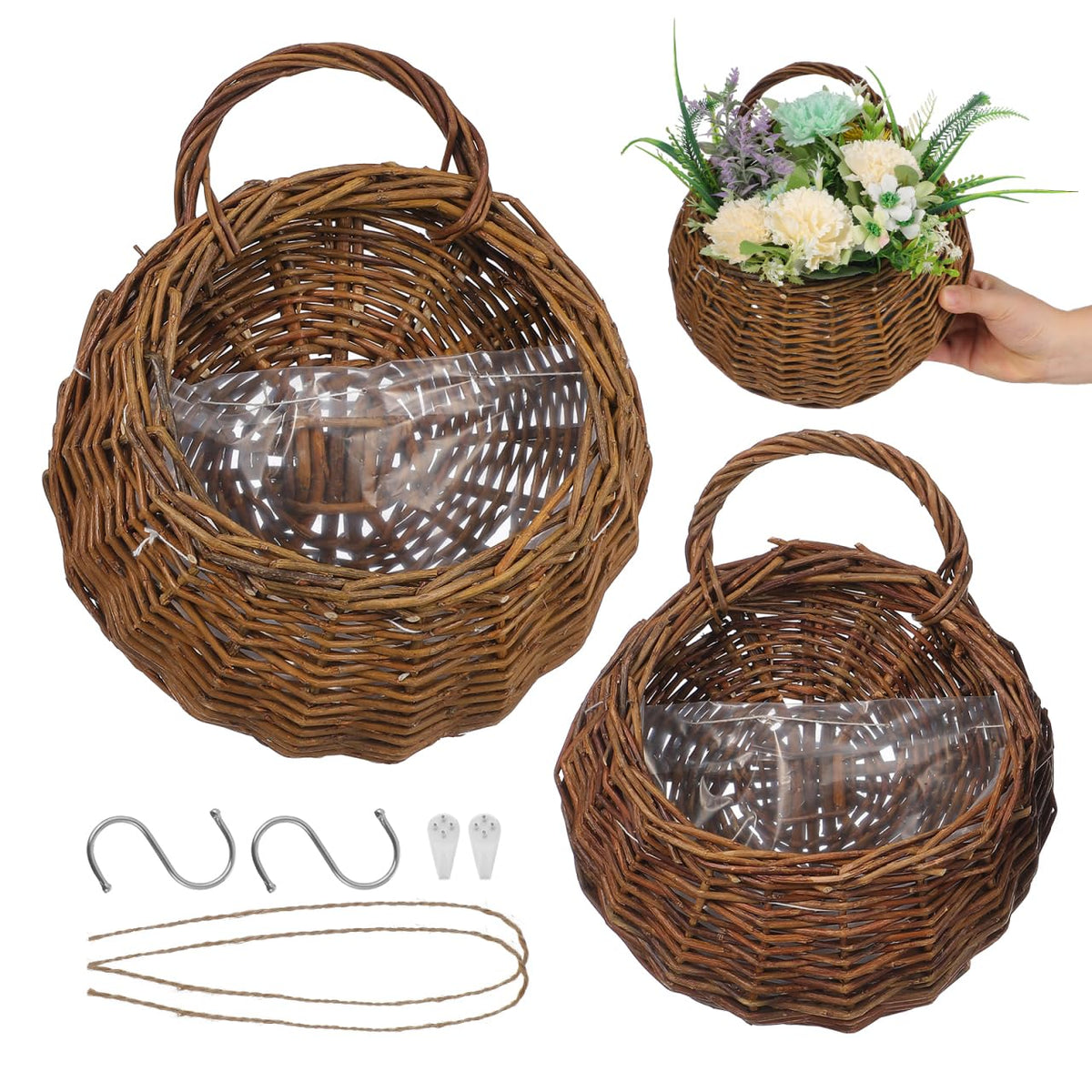 Yardwe front view of two woven hanging baskets showing rustic design and storage benefit