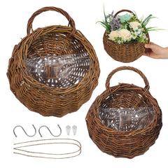 Yardwe front view of two woven hanging baskets showing rustic design and storage benefit
