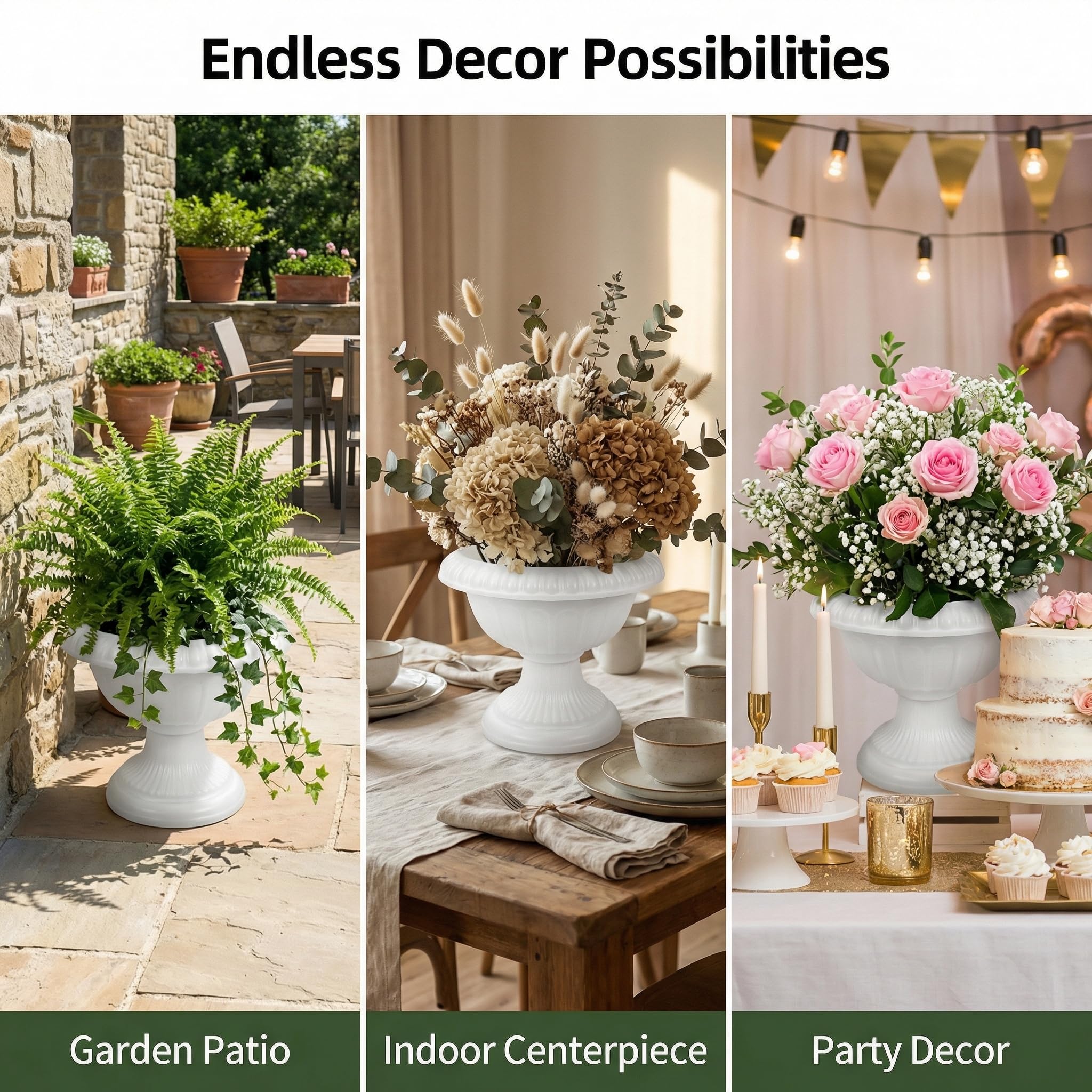 Yardwe urn styled with flowers illustrating versatile styling and neutral pairing