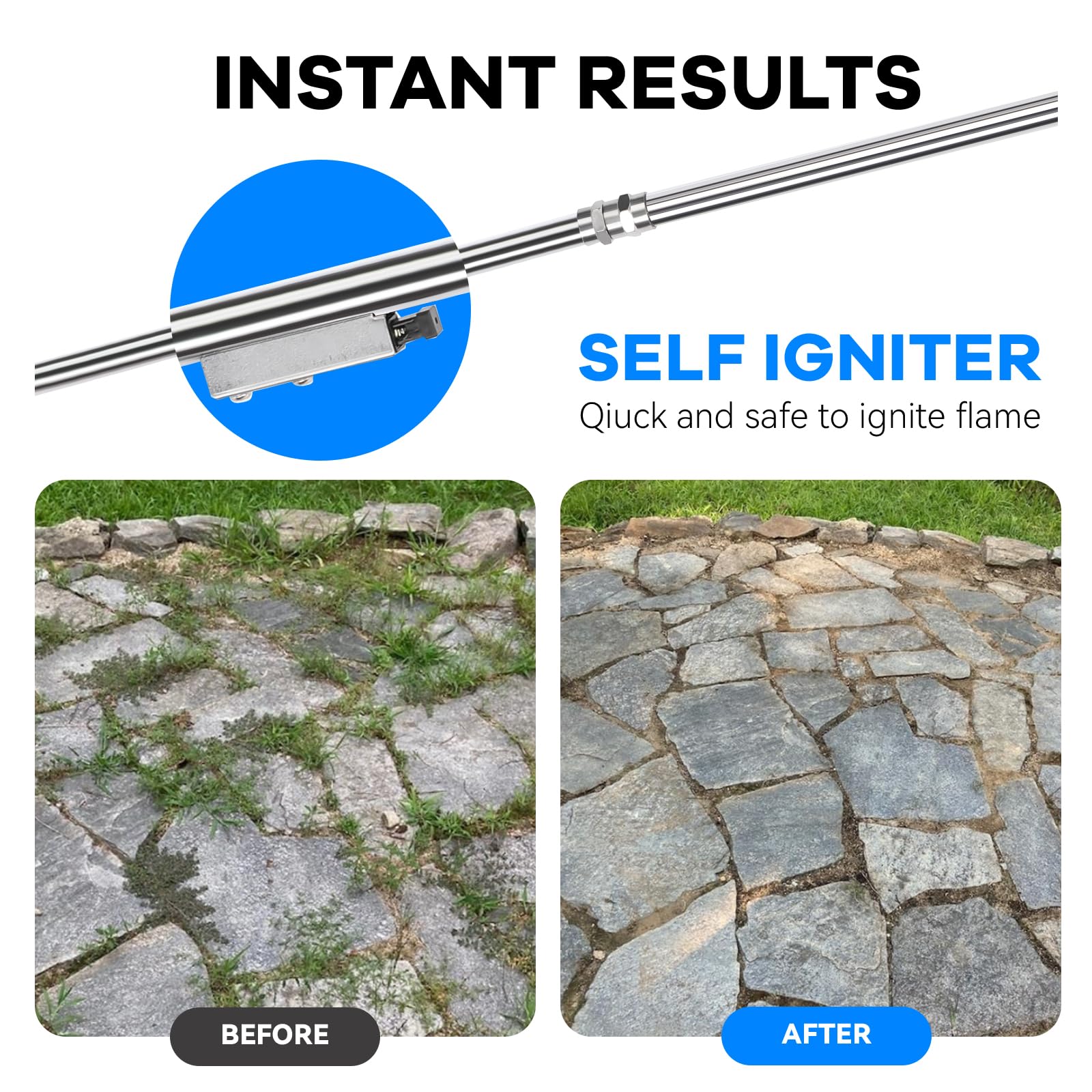 Yardwizard torch targeting weeds in driveway cracks for chemical-free removal