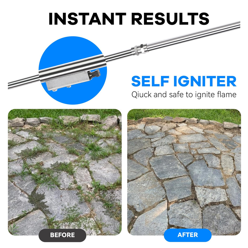 Yardwizard torch targeting weeds in driveway cracks for chemical-free removal