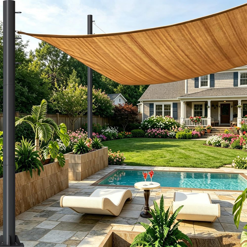 YarPoole installed poles holding a shade sail over a patio for sun protection