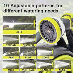 YASHINE zinc-alloy 10-pattern nozzle in hand showing ergonomic control and water savings