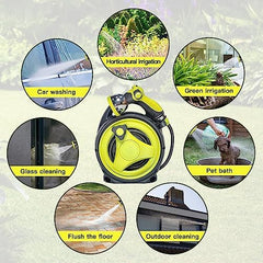 YASHINE hose reel in use watering garden demonstrating reach and neat rewind