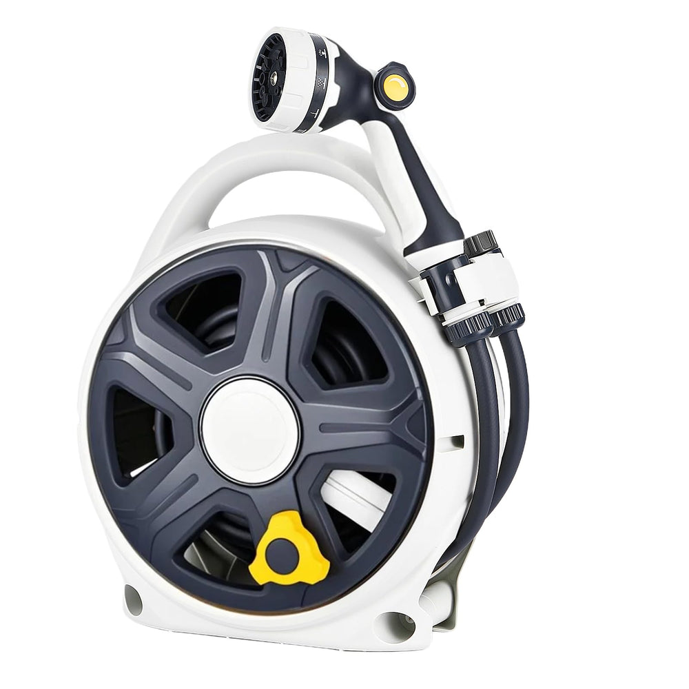 YASHINE front view of retractable hose reel showing compact design and storage benefit