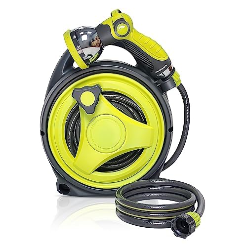 YASHINE front view of retractable hose reel showing compact portability and tidy storage