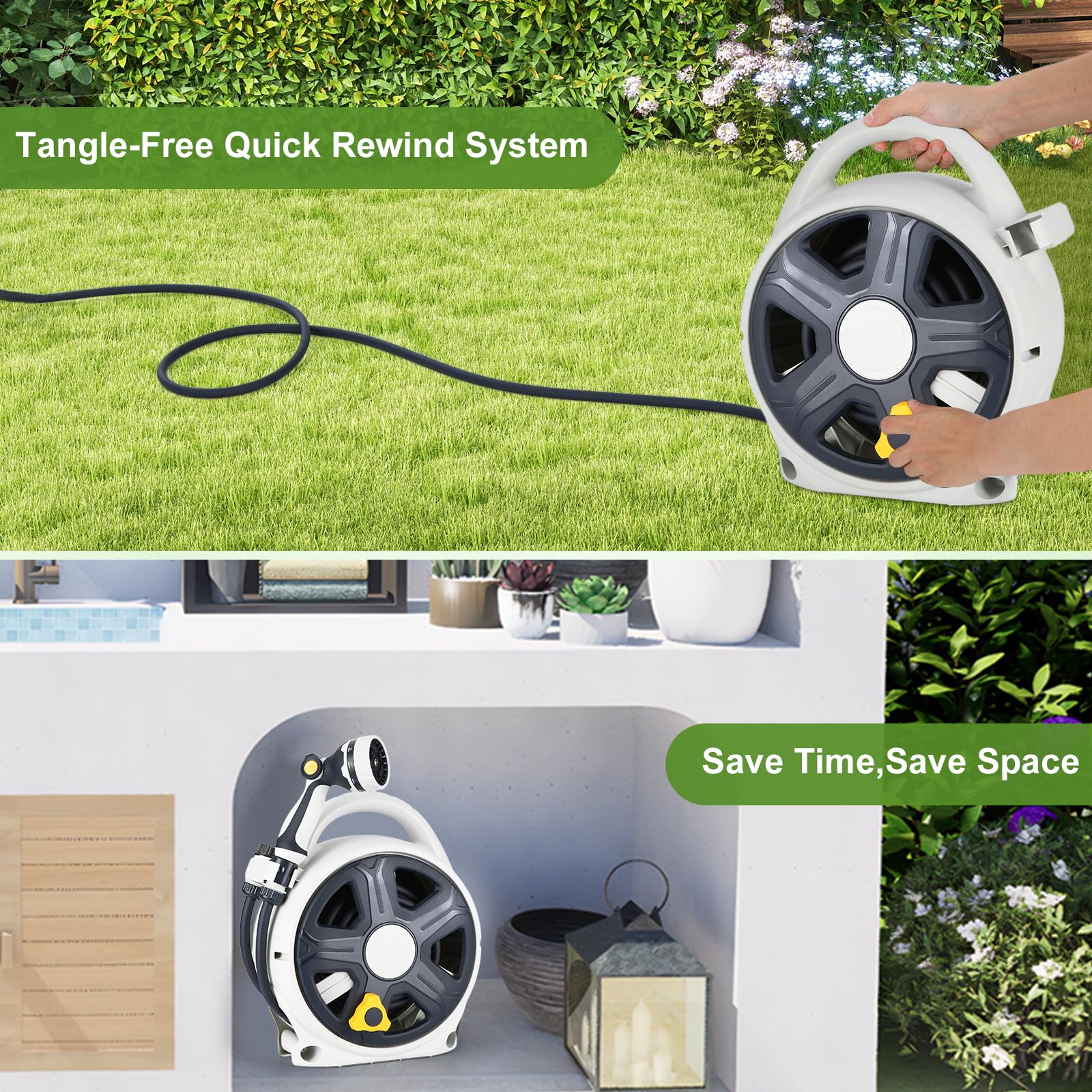 YASHINE manual rewind crank and guide grooves preventing tangles for tidy storage