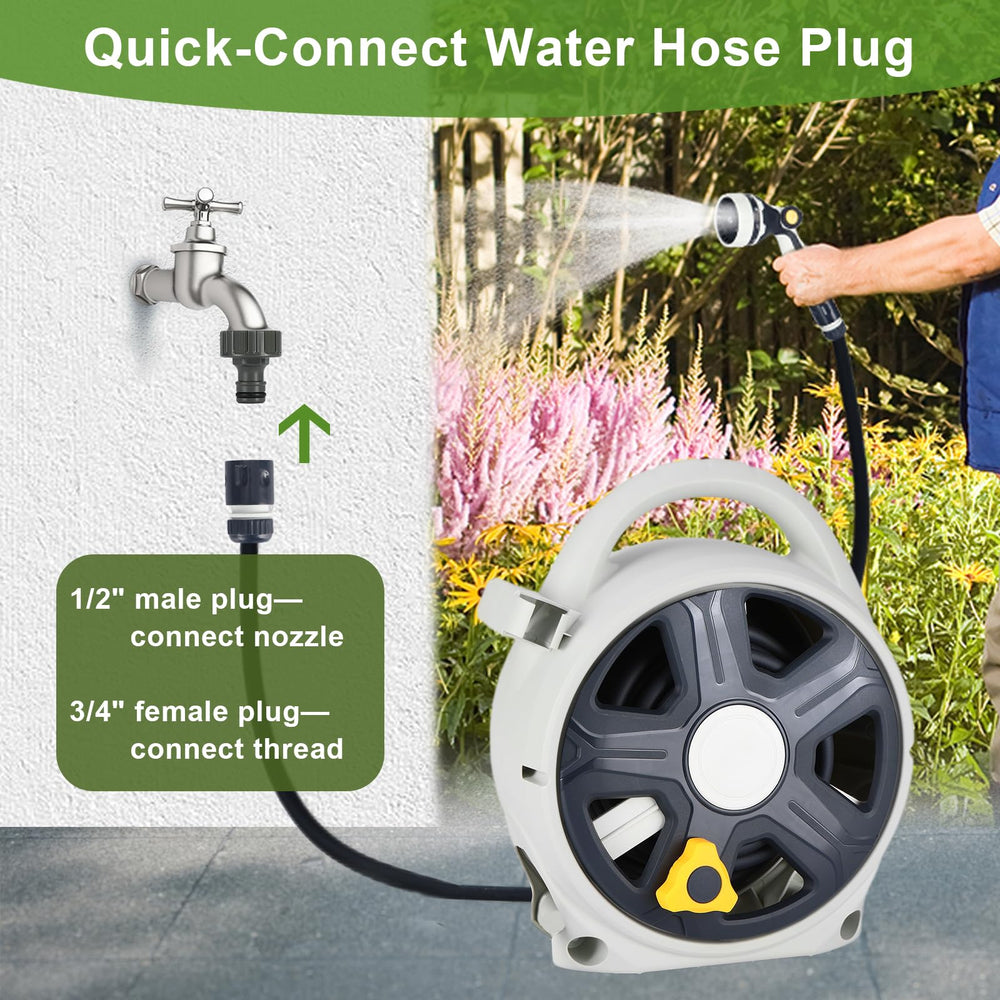 YASHINE hose reel next to foot and hand showing lightweight portability and scale