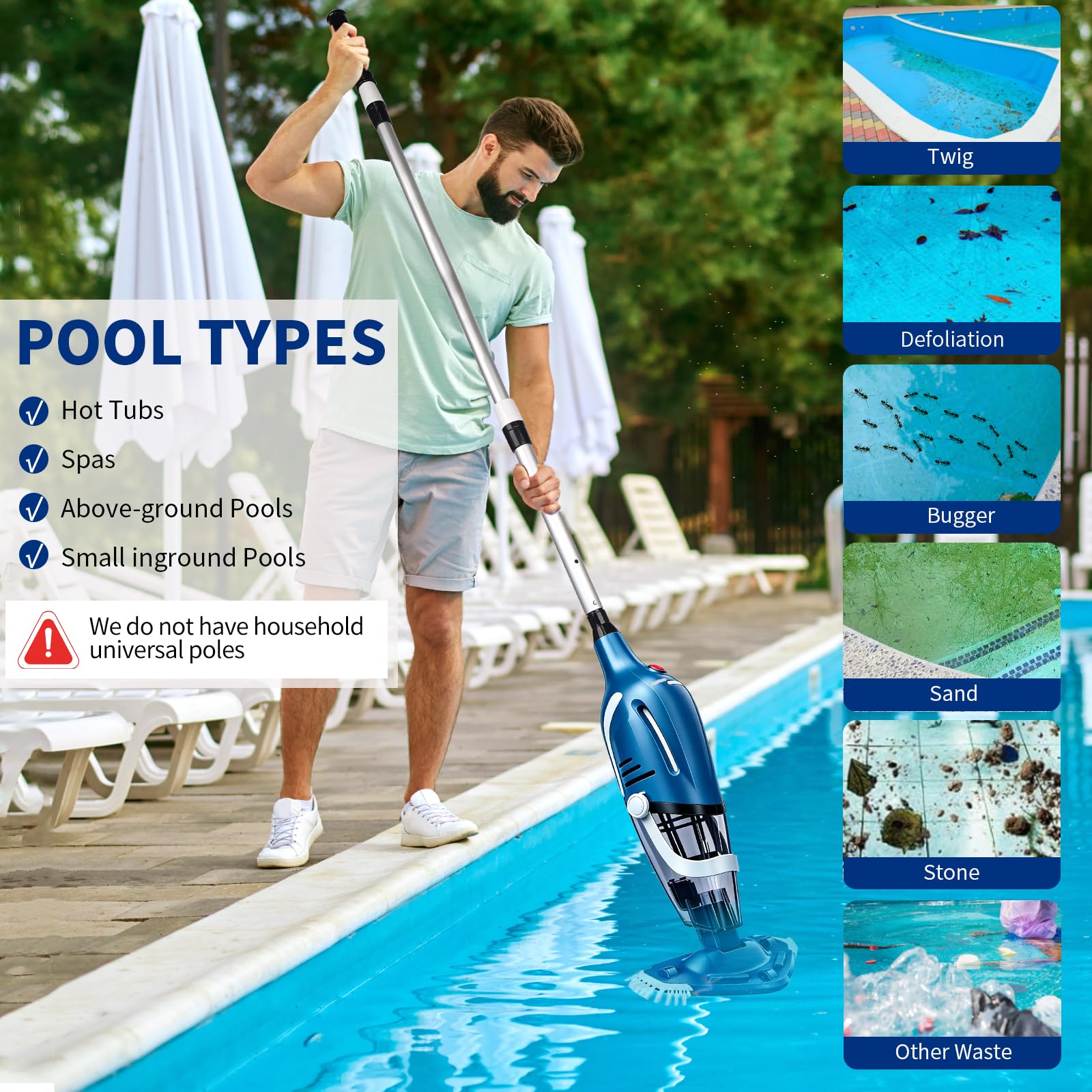 YASHINE attached to telescopic pole cleaning pool demonstrating extended reach benefit