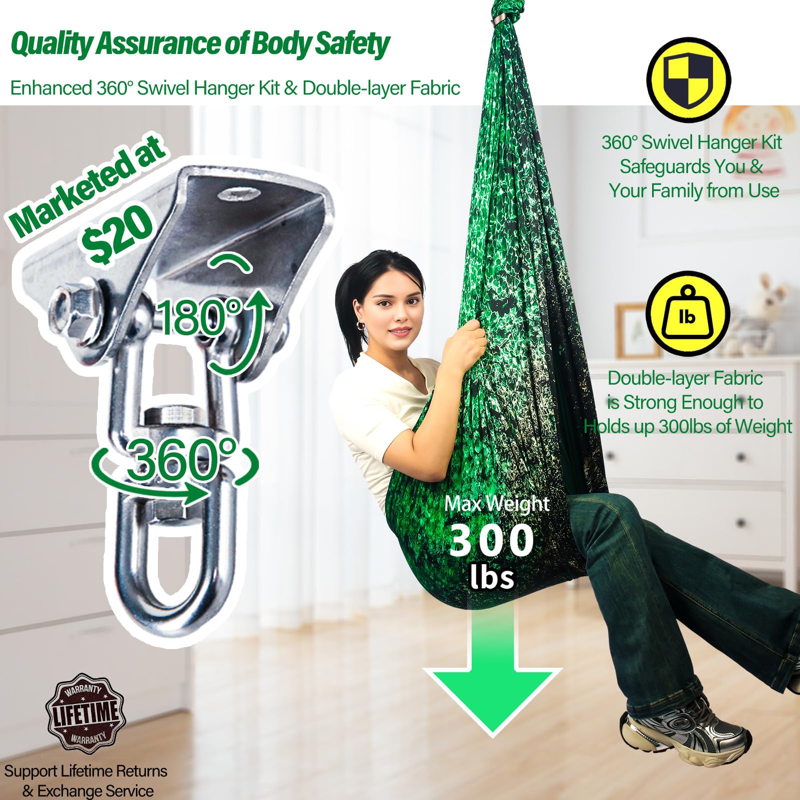 Yatoco swing with child inside demonstrating calming, secure fit