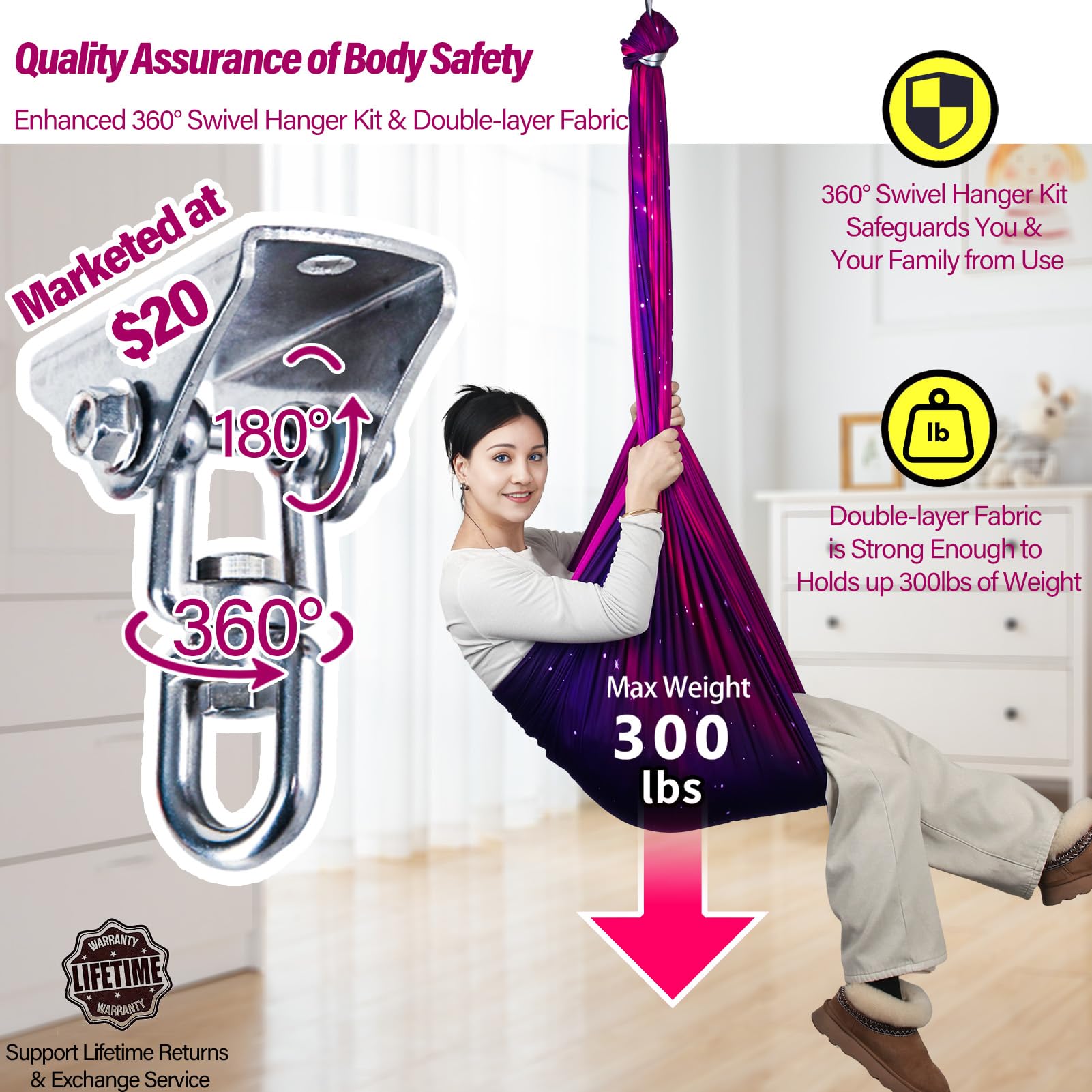 Yatoco adult using swing demonstrating full 300 lb capacity and motion