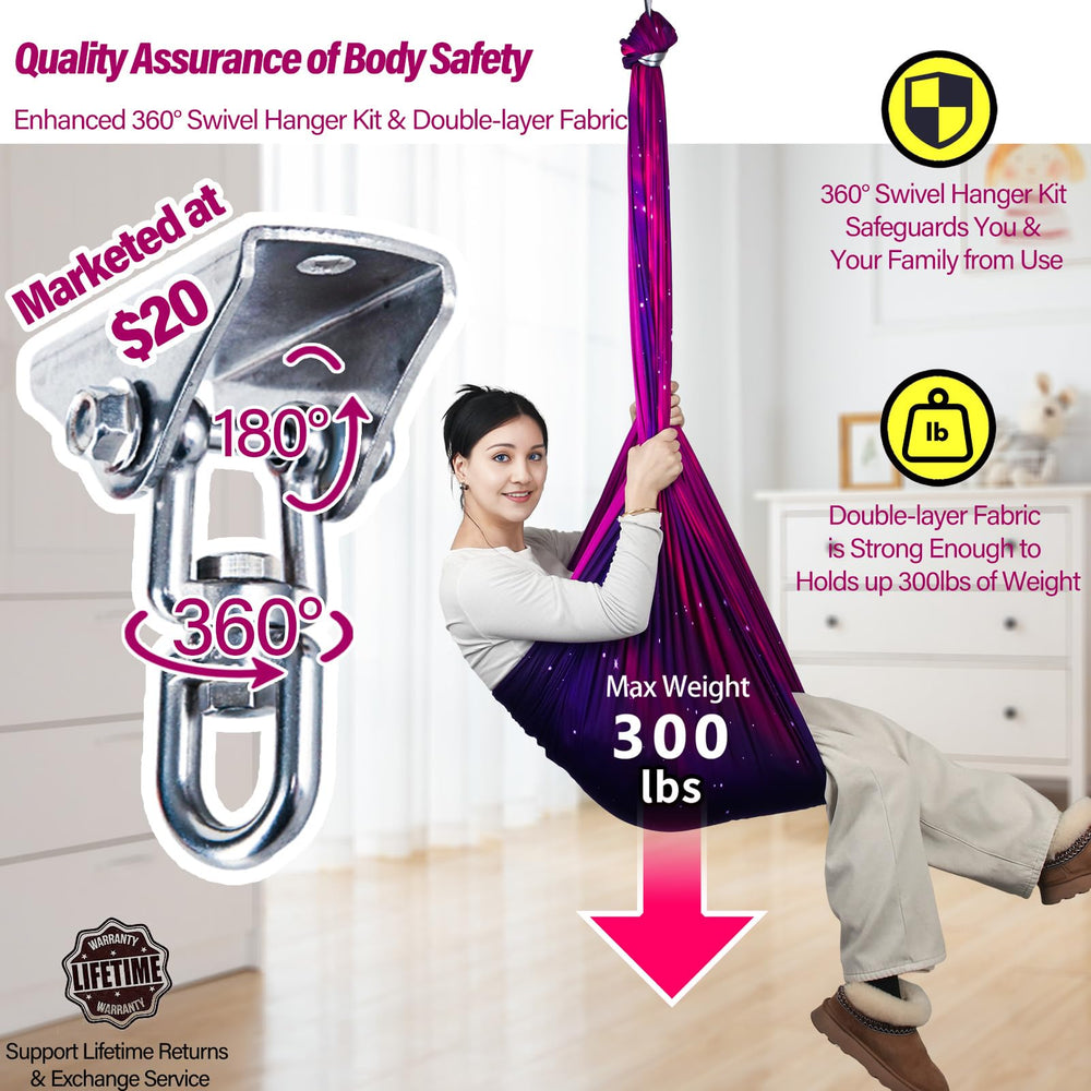 Yatoco adult using swing demonstrating full 300 lb capacity and motion