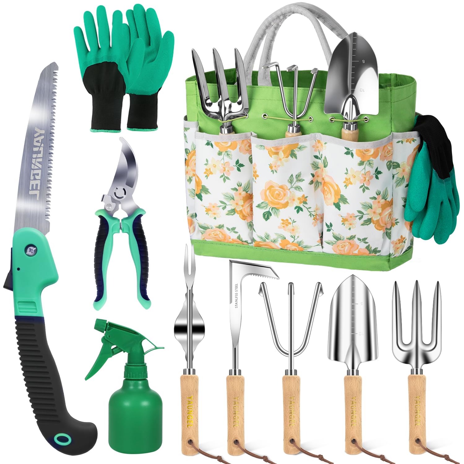 YAUNGEL front view of the full 10-piece gardening set showing organized tools and bag, convenient storage