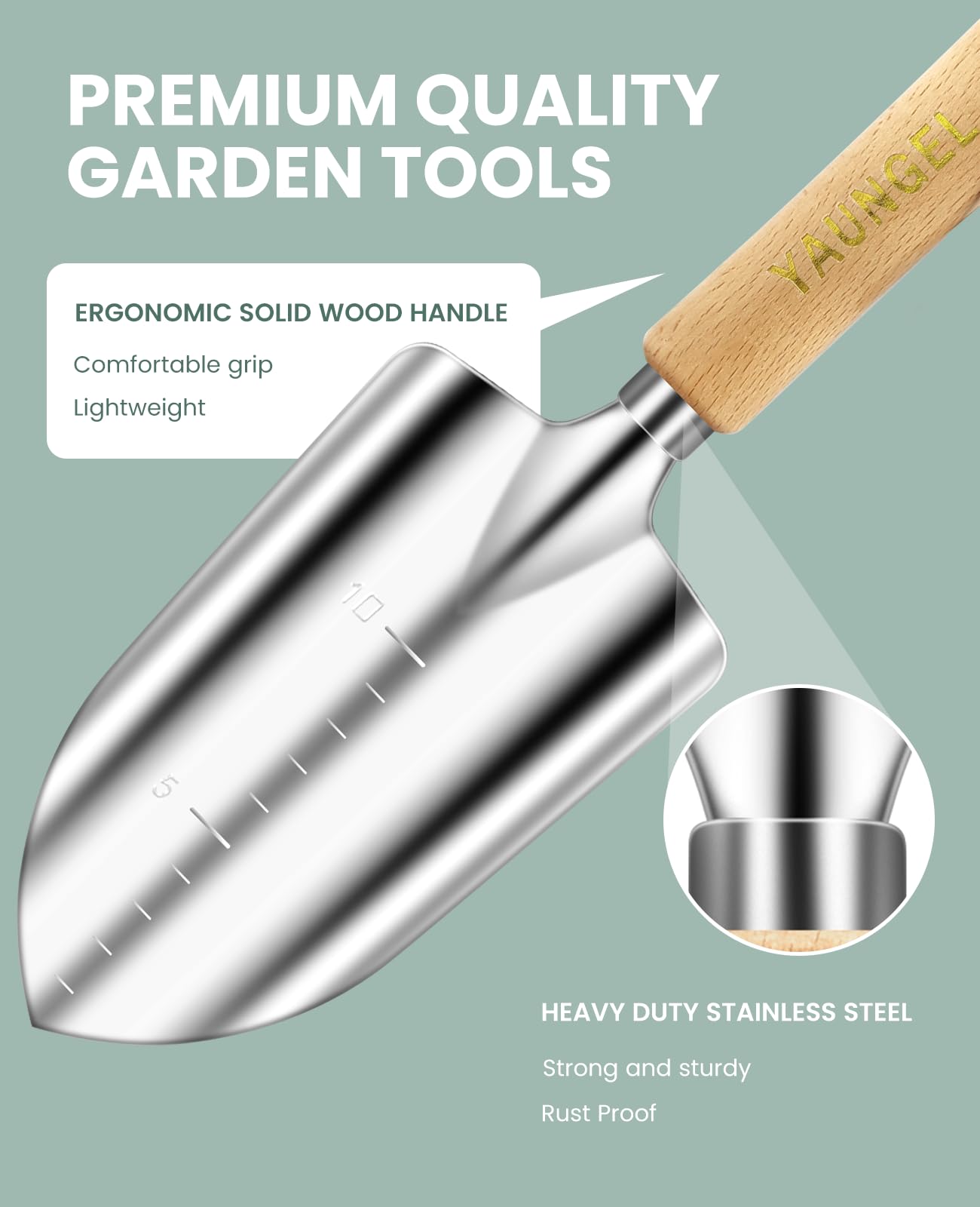 YAUNGEL stainless steel tool head detail highlighting rust-resistant mirror finish for easy cleaning