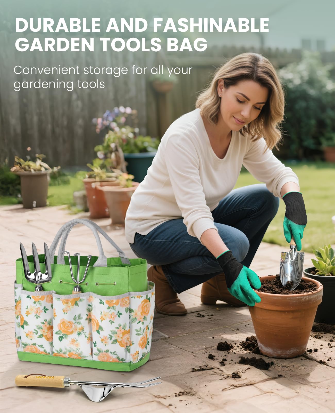 YAUNGEL open storage tote with pockets keeping tools organized and easy to access in the garden