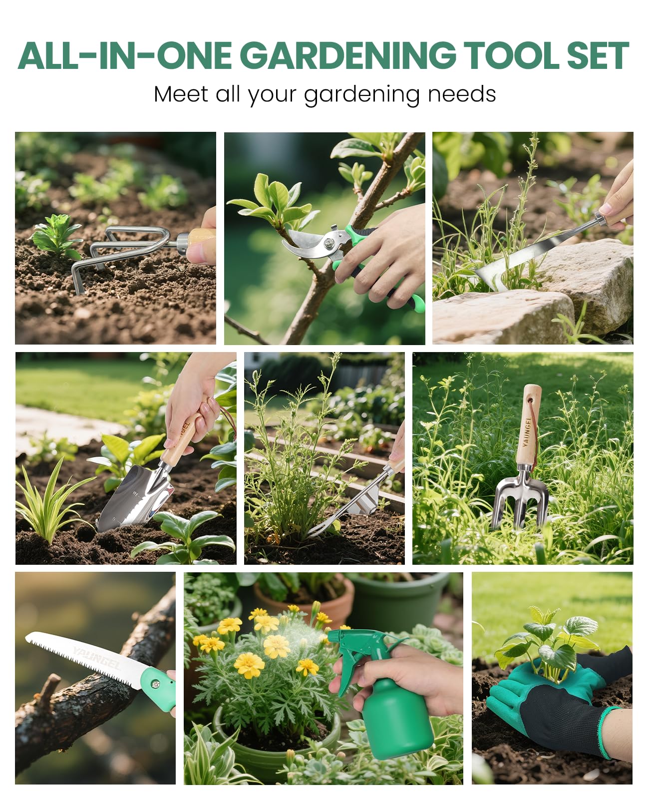 YAUNGEL tools in use digging soil and planting demonstrating durable construction for tough roots