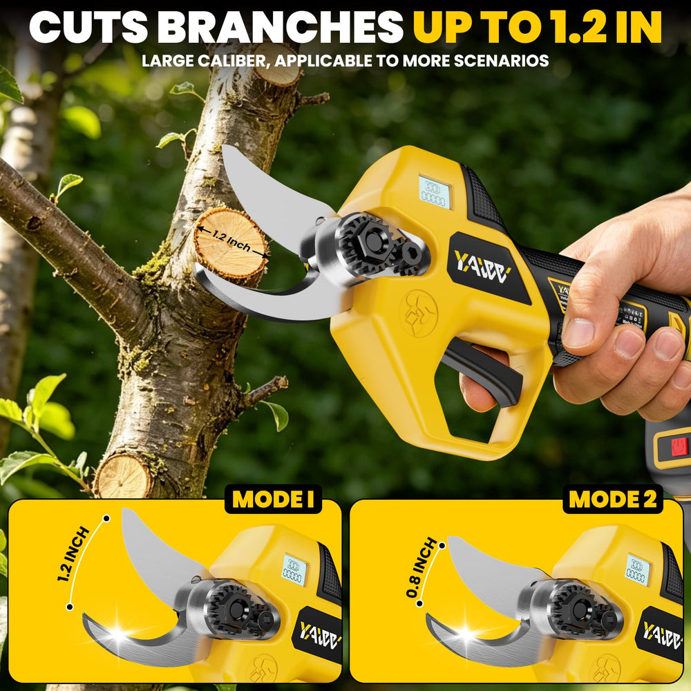 Gardener using YAWV pole pruner to trim high limb without ladder, extended reach and safety