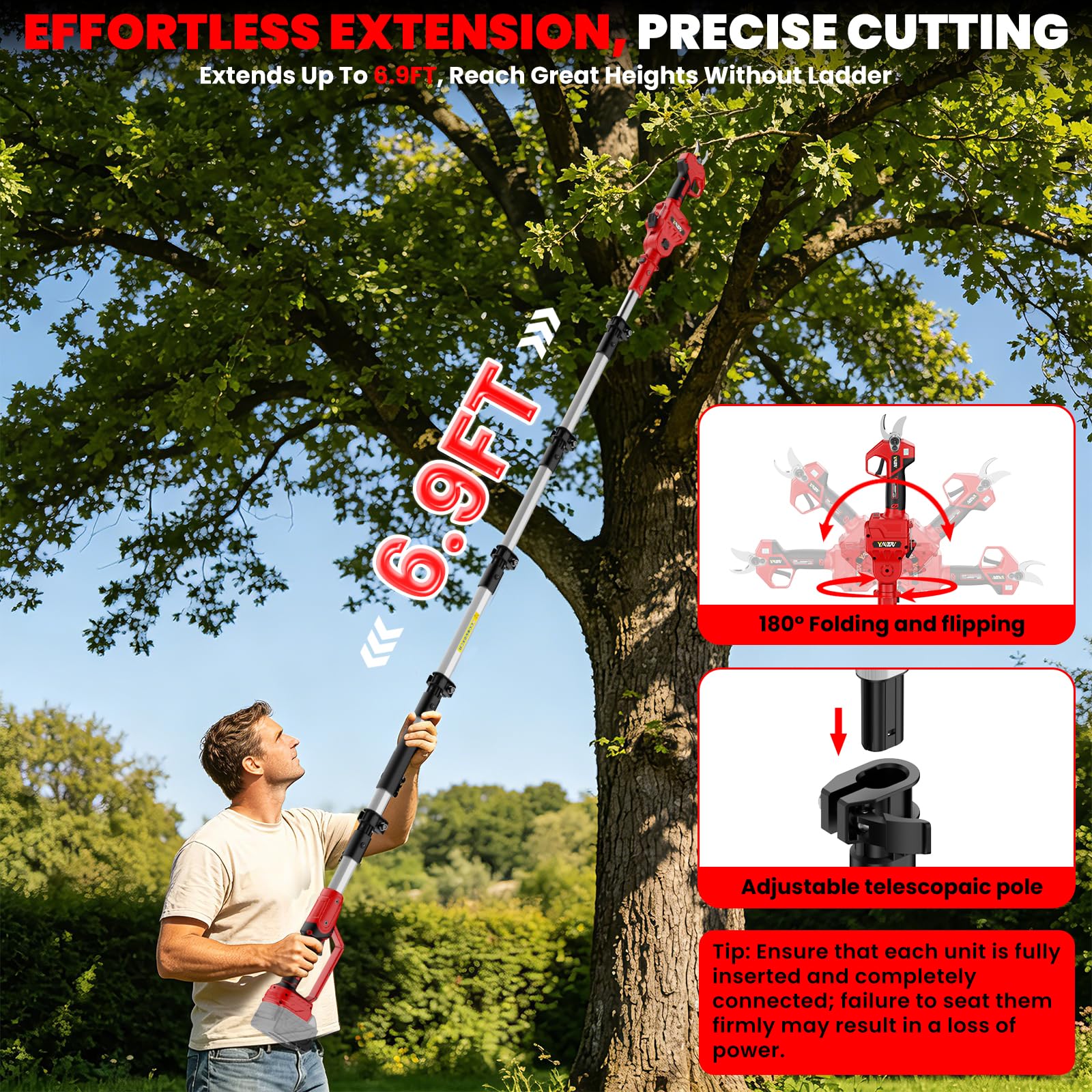 YAWV pole pruner mounted on tree showing hands-free height advantage