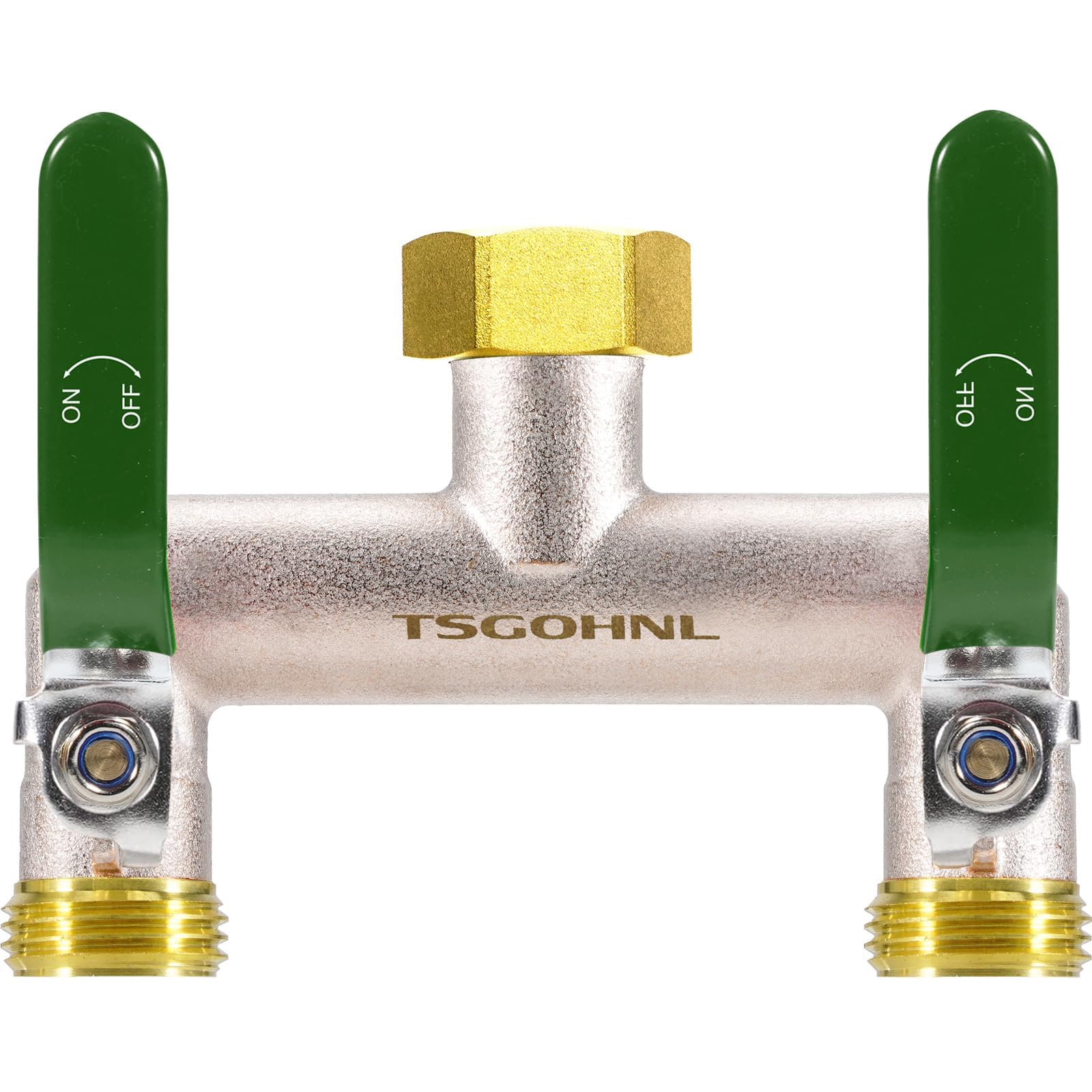 Yayamz brass splitter front view showing dual outlets and solid construction for reliable dual watering