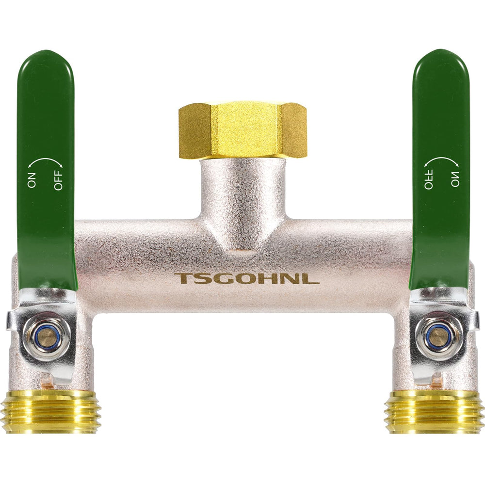 Yayamz brass splitter front view showing dual outlets and solid construction for reliable dual watering