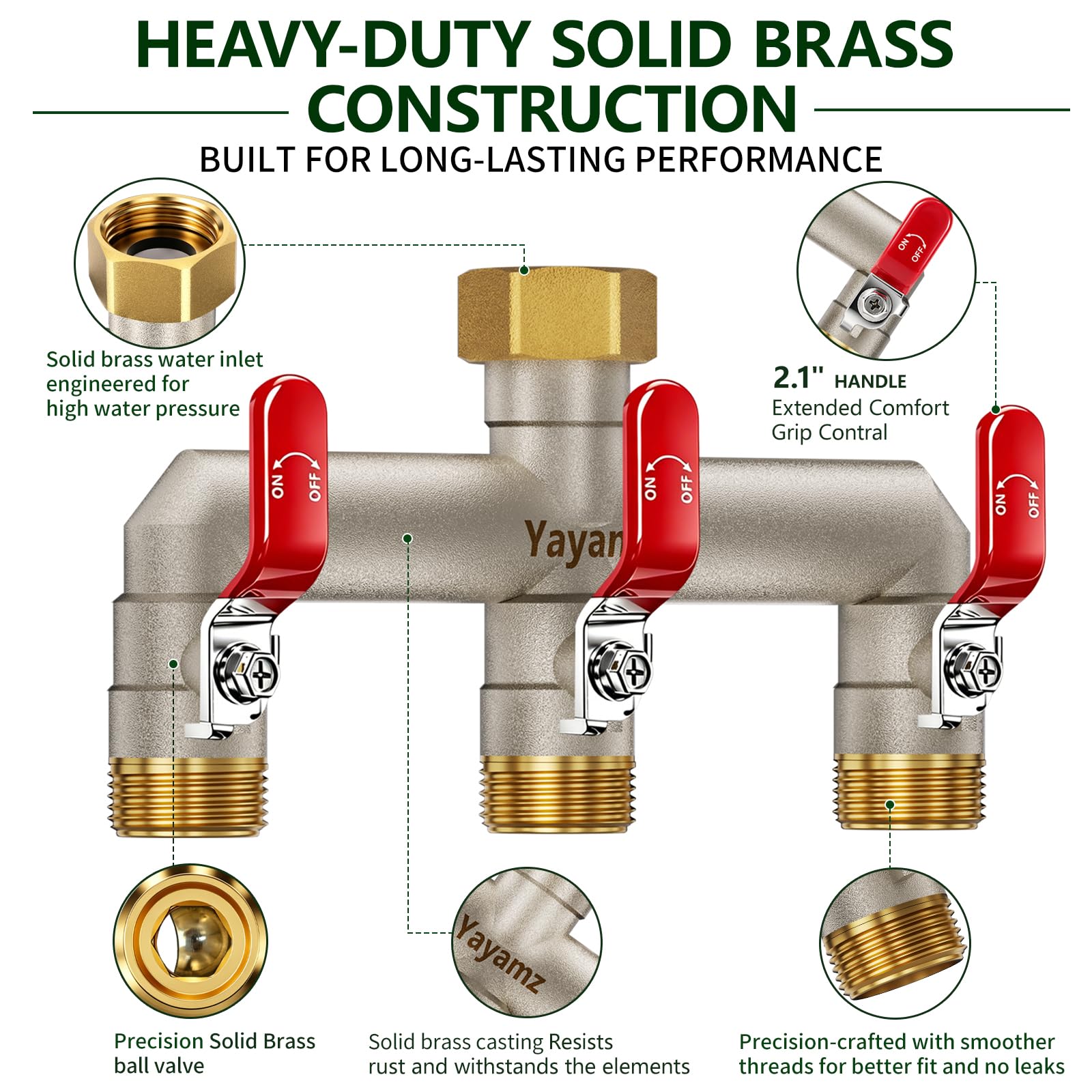 Yayamz close-up of one-piece brass body highlighting durable construction and leak resistance