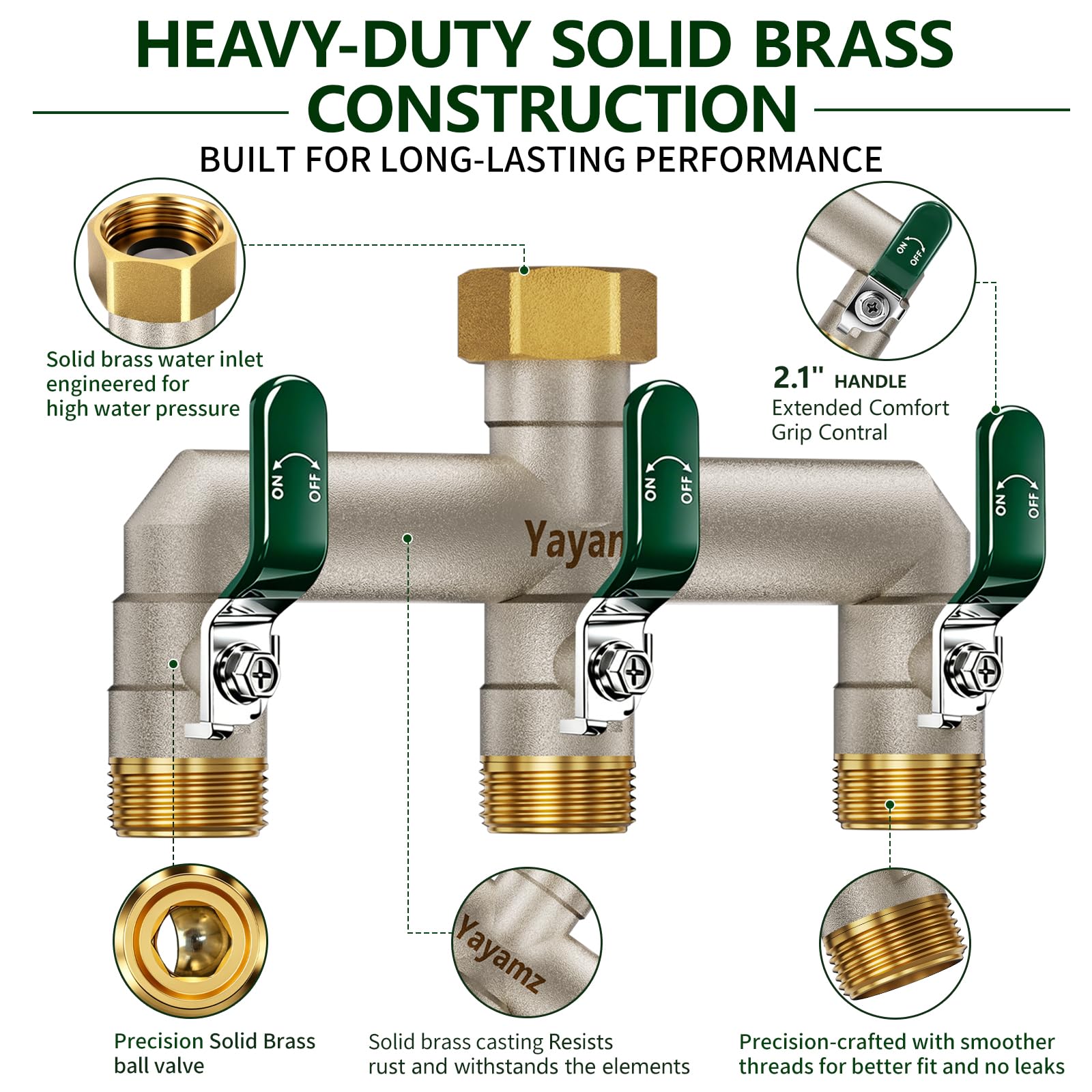 Yayamz close-up of one-piece brass finish highlighting corrosion resistance and long life