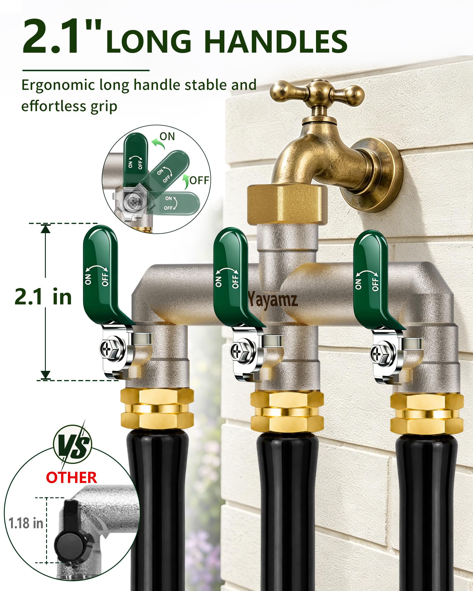 Yayamz downward 90 degree outlets with hoses demonstrating reduced thread strain