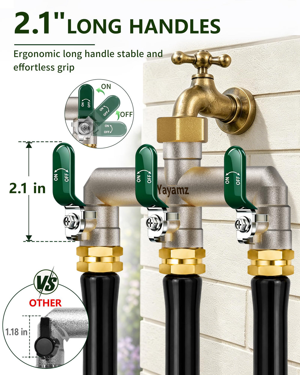 Yayamz downward 90 degree outlets with hoses demonstrating reduced thread strain