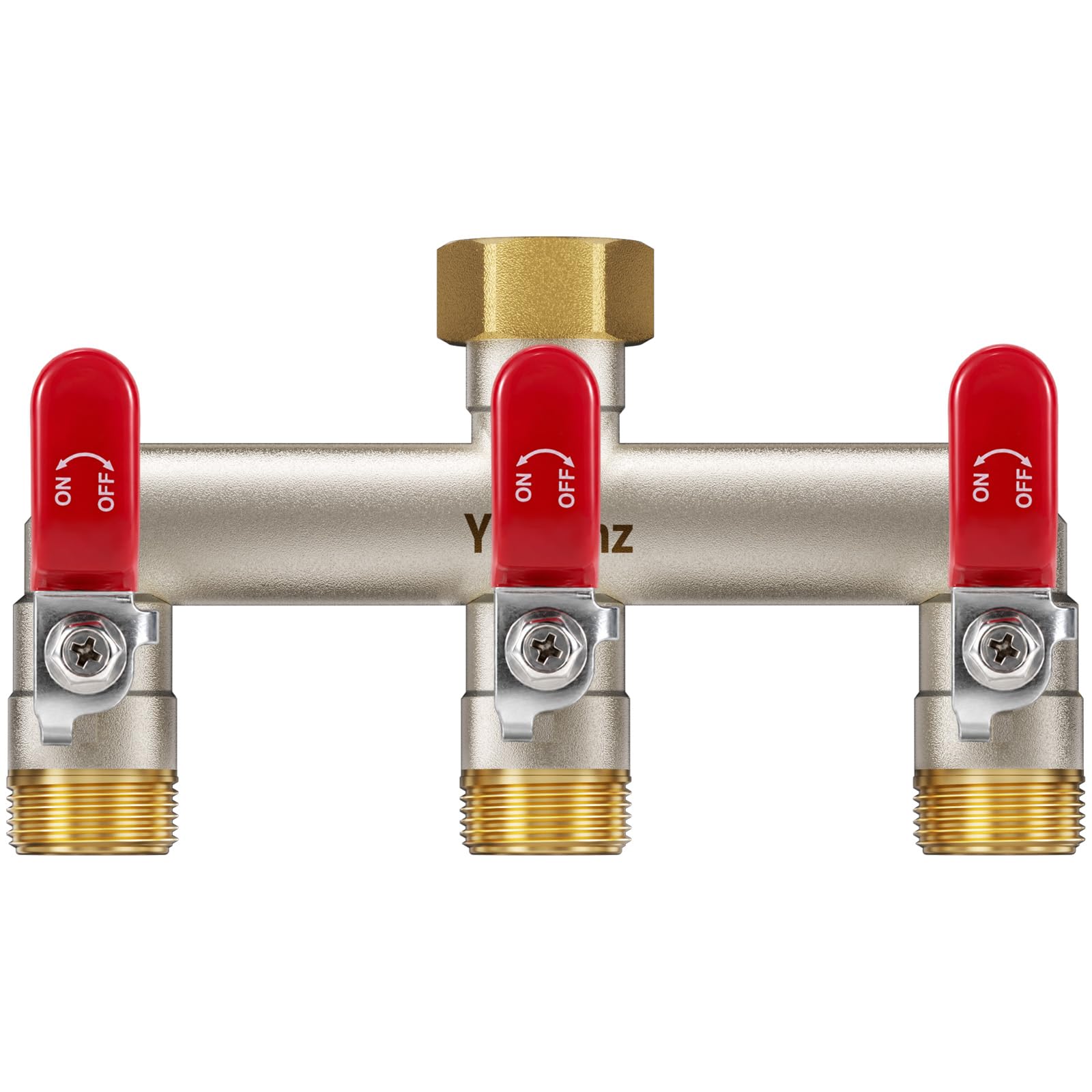 Yayamz front view showing solid brass splitter and three valve handles for reliable control