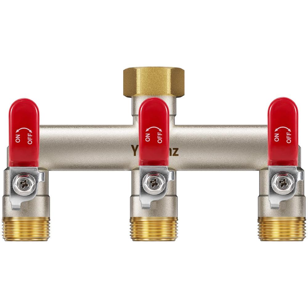 Yayamz front view showing solid brass splitter and three valve handles for reliable control