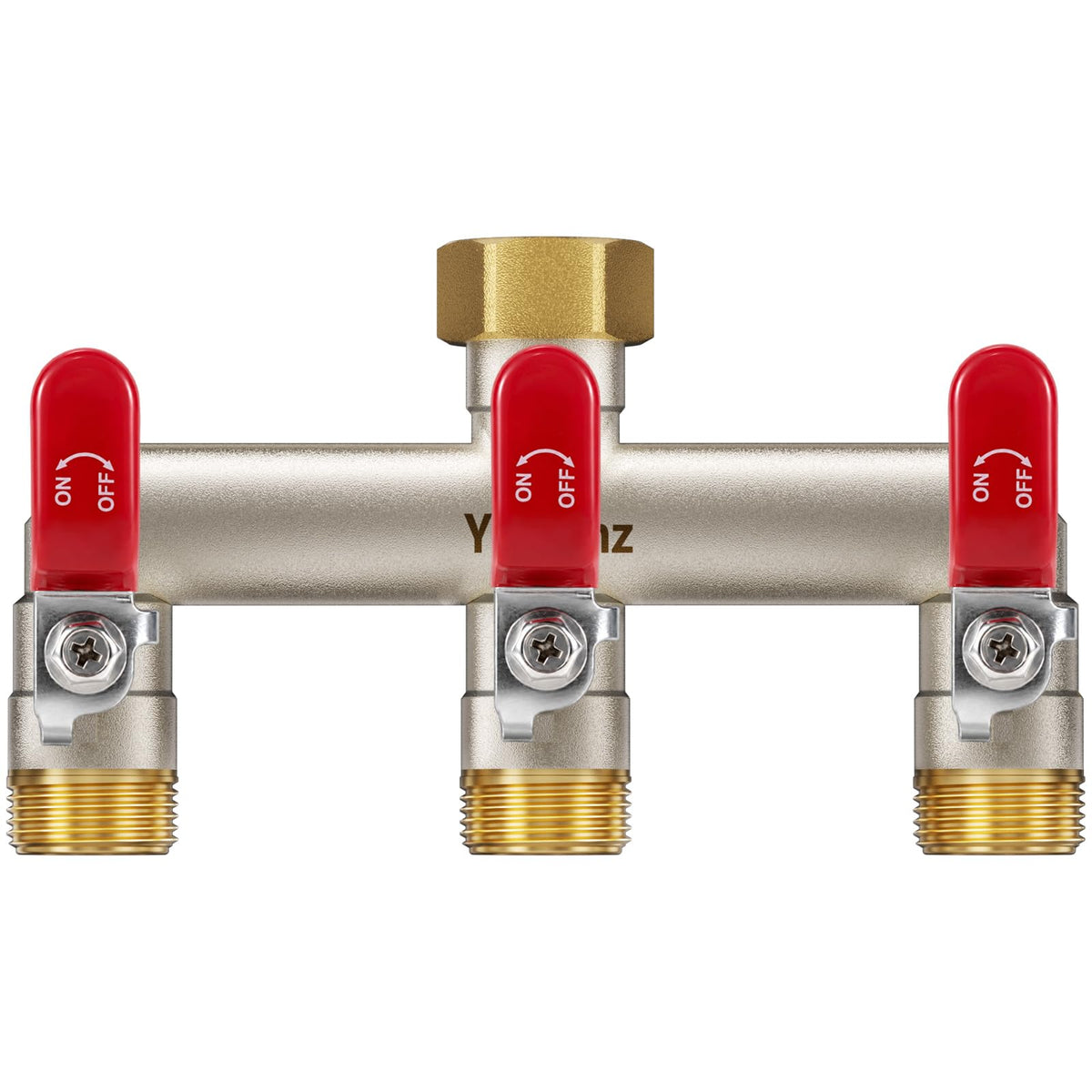 Yayamz front view showing solid brass splitter and three valve handles for reliable control