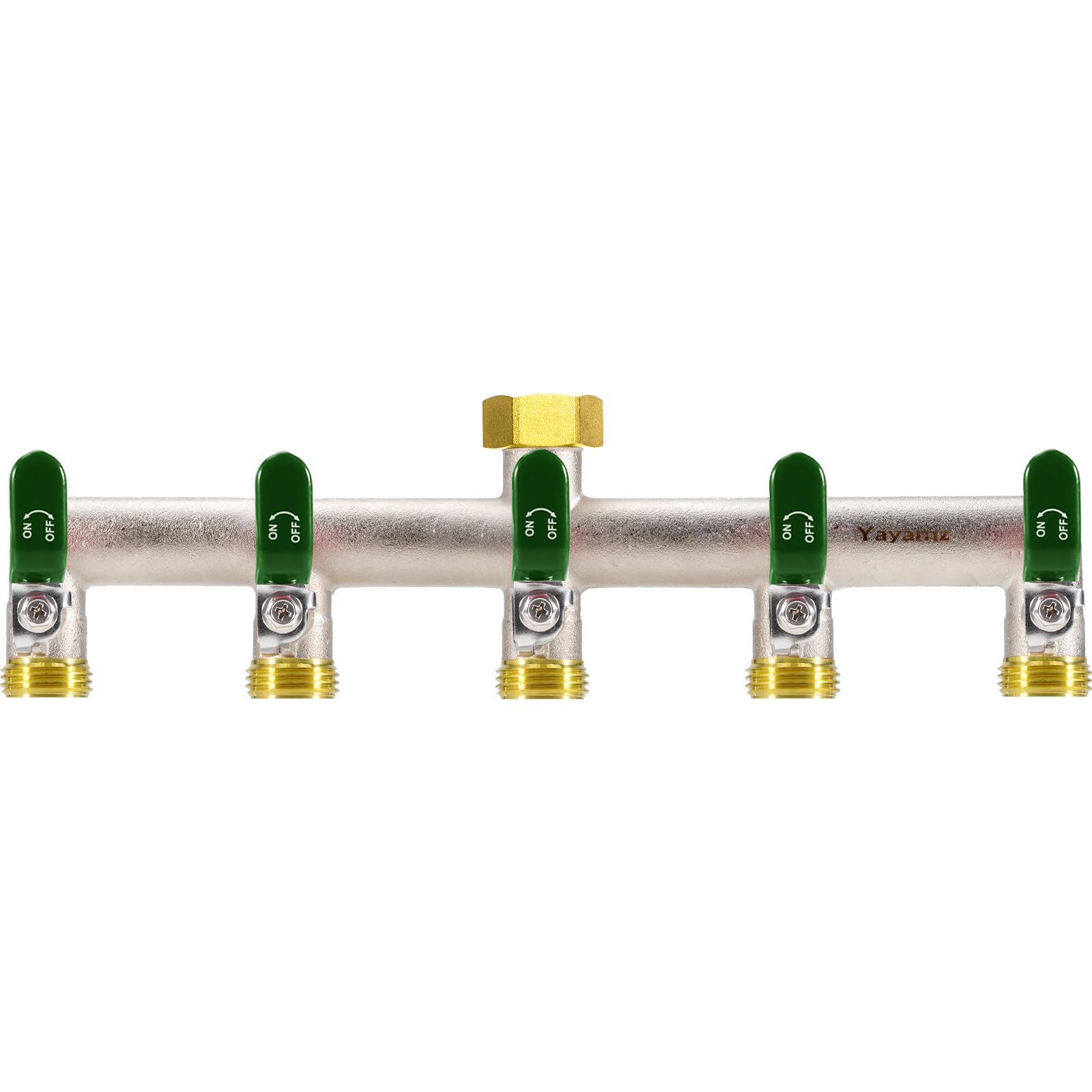 Yayamz front view of five-way splitter shows durable multi-hose control