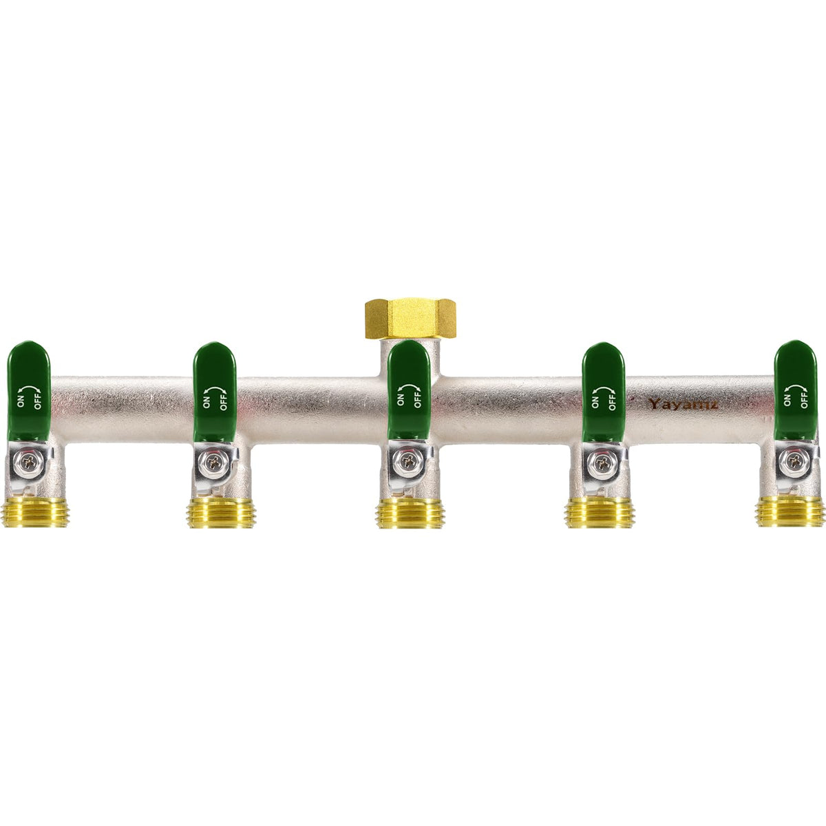 Yayamz front view of five-way splitter shows durable multi-hose control