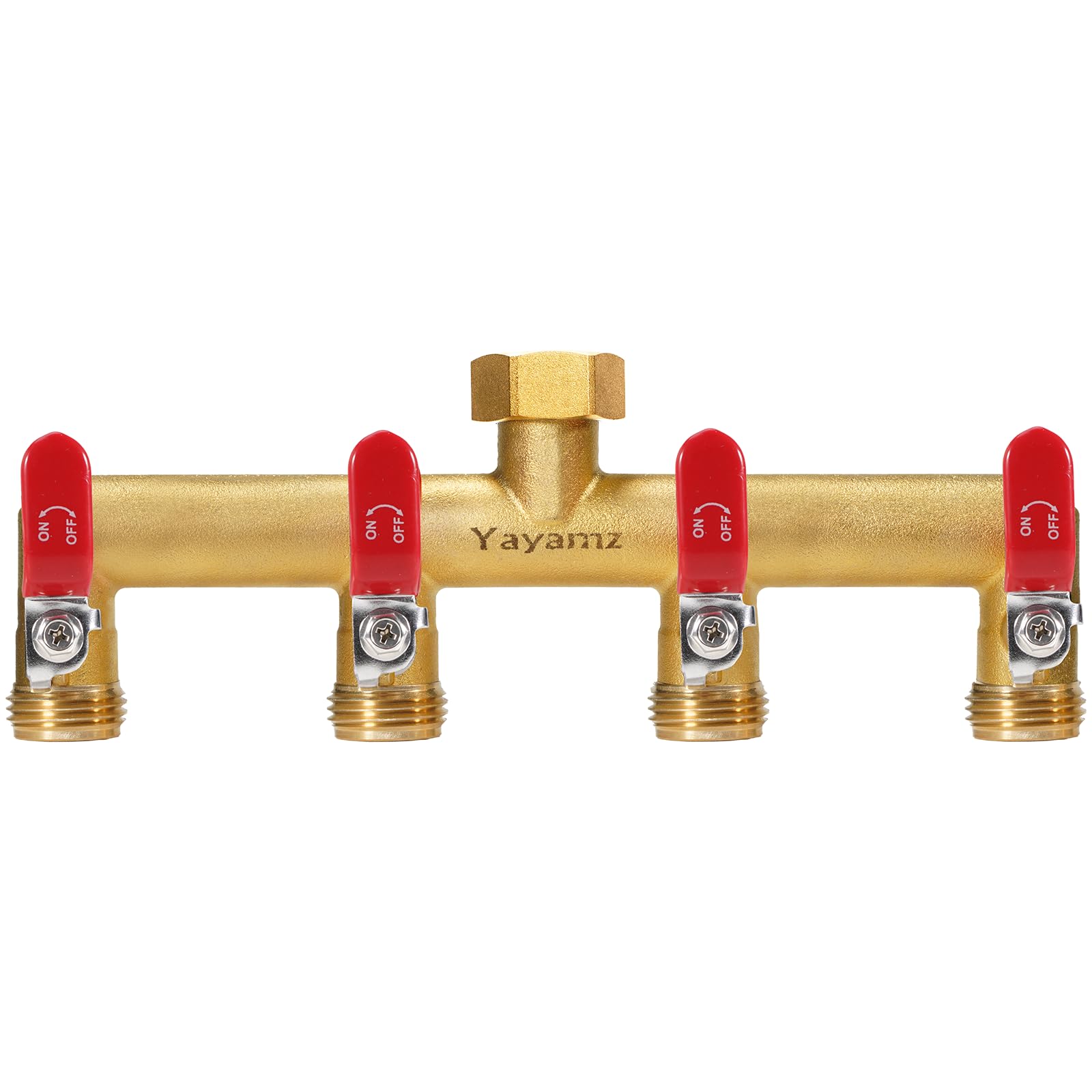 Yayamz front view brass manifold showing four outlets and benefits of multi-zone control