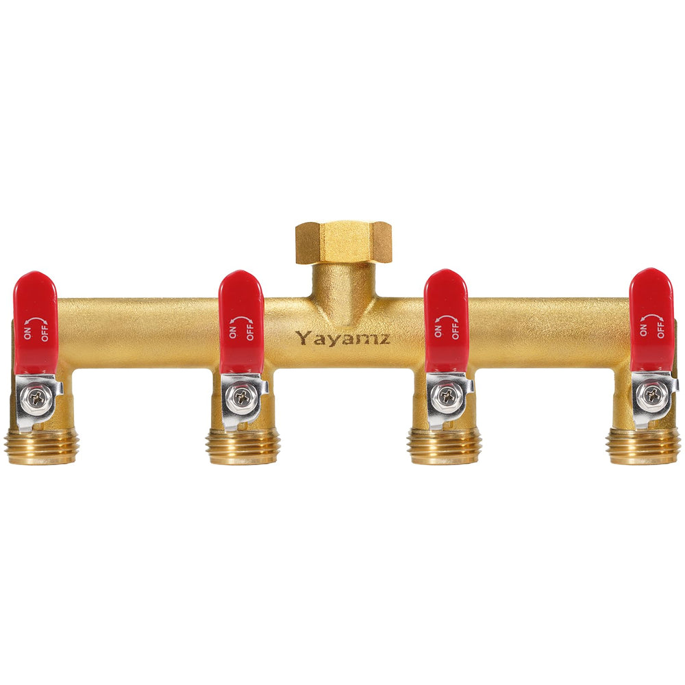 Yayamz front view brass manifold showing four outlets and benefits of multi-zone control