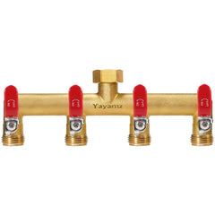 Yayamz front view brass manifold showing four outlets and benefits of multi-zone control