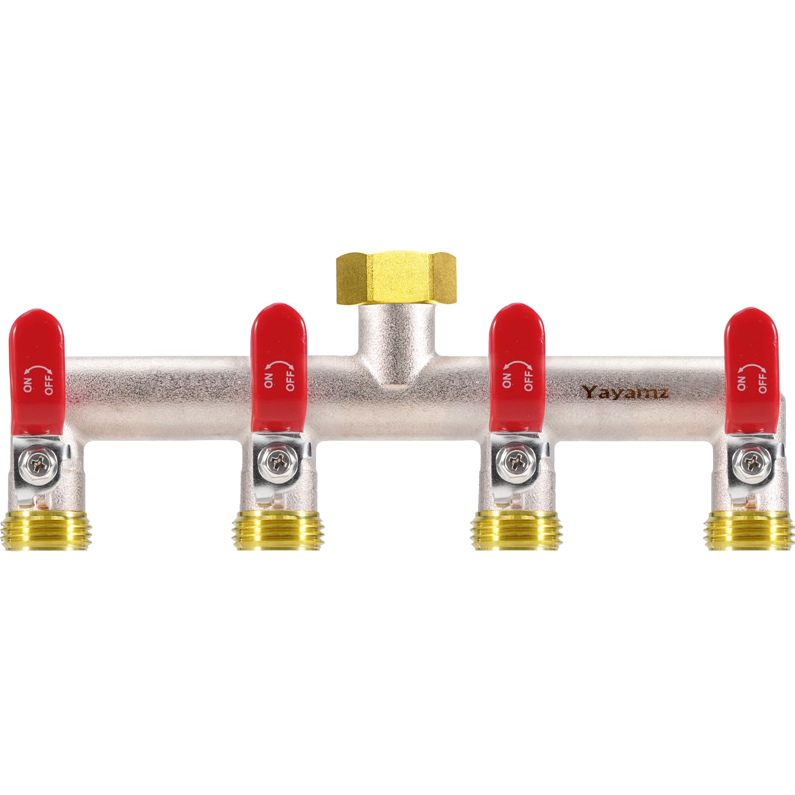 Yayamz front view red splitter showing all four outlets and label, durable multi-hose benefit