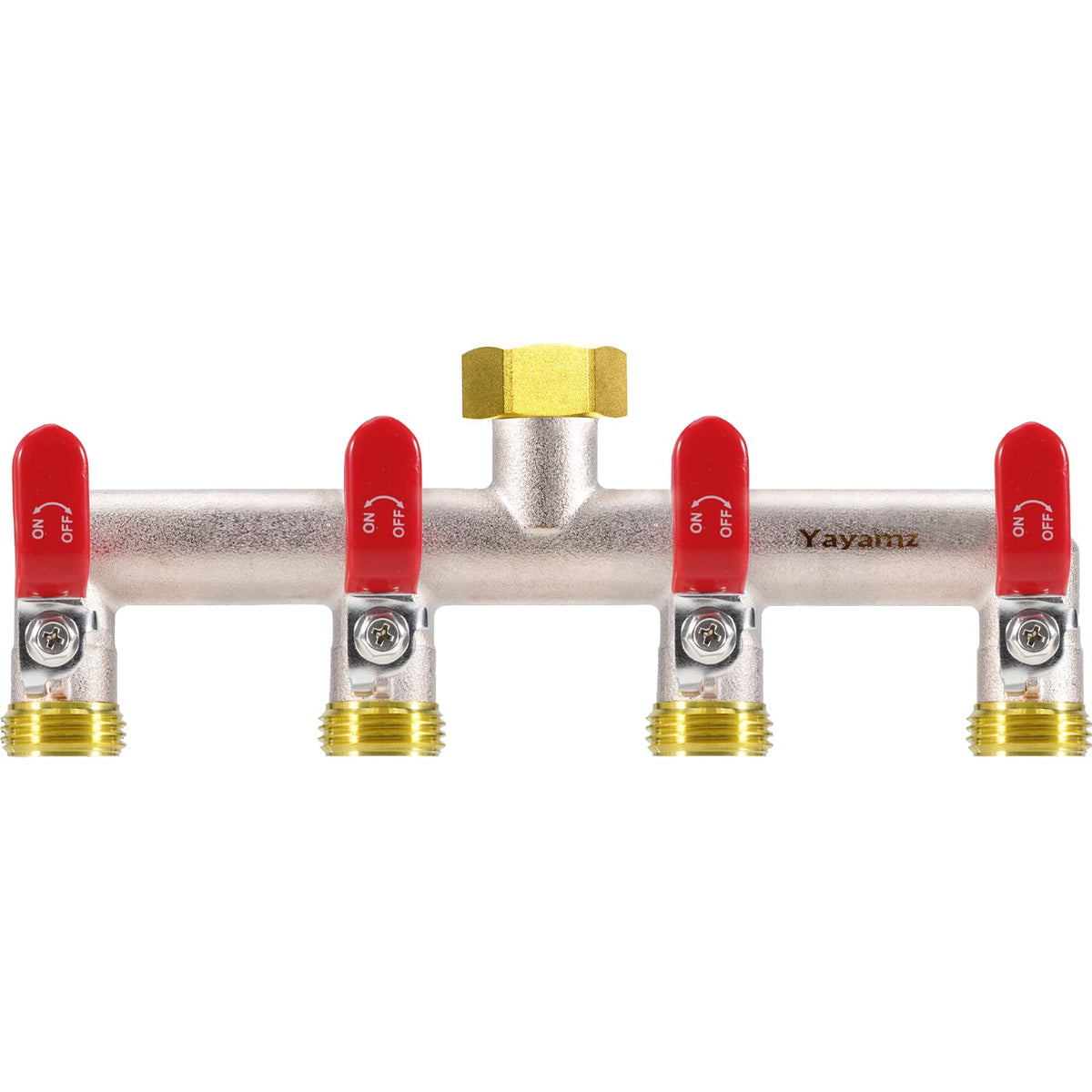 Yayamz front view red splitter showing all four outlets and label, durable multi-hose benefit