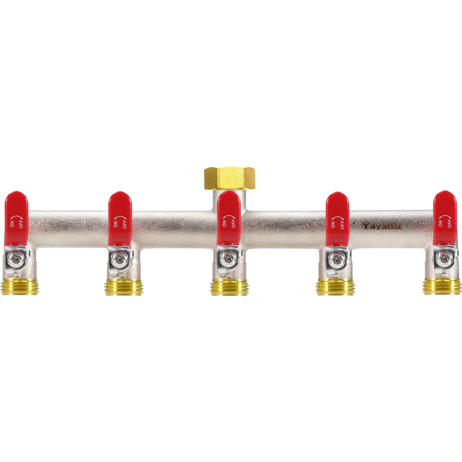 Yayamz front view of red 5-way splitter showing five outlets, durable and versatile