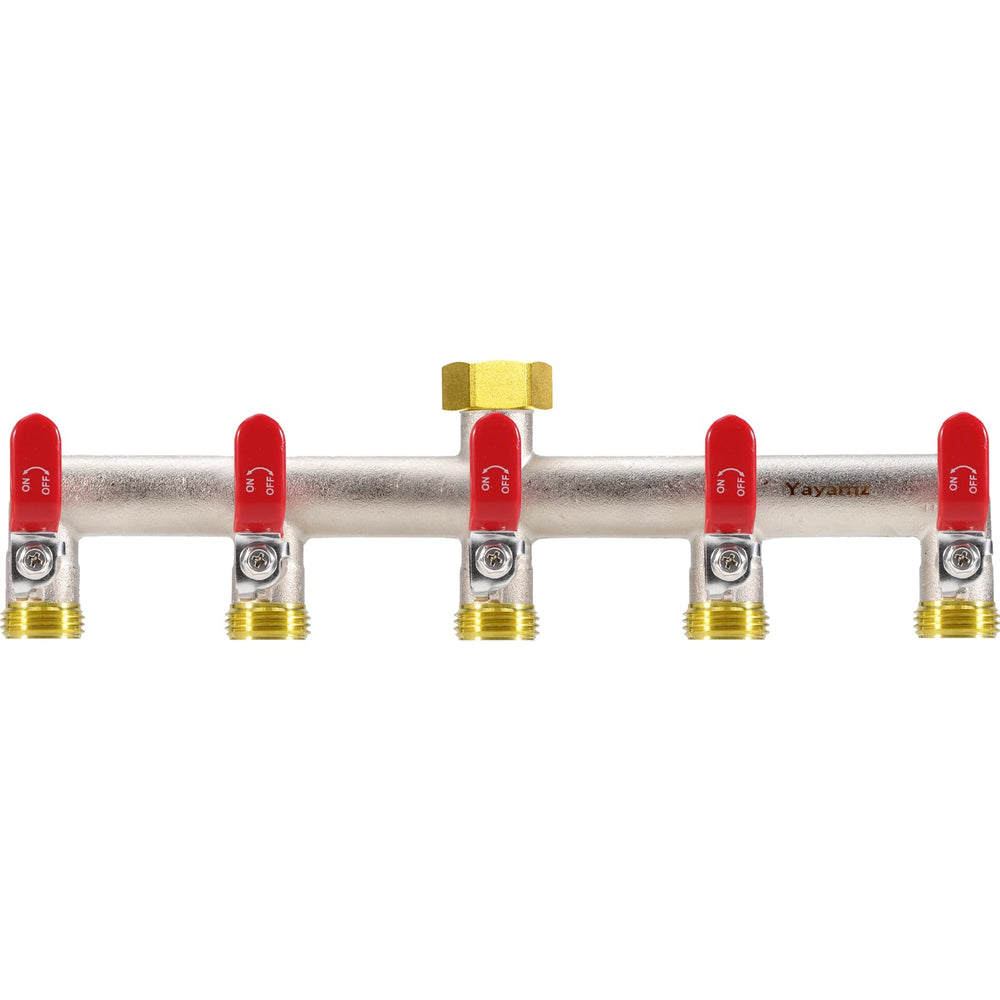 Yayamz front view of red 5-way splitter showing five outlets, durable and versatile